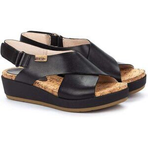 Pikolinos Mykonos Black Leather Platform Wedge Sandals - Size 37